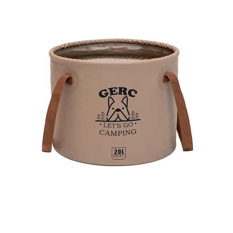 Beige camping bucket with ’GERC LET’S GO CAMPING’ logo and leather handles.