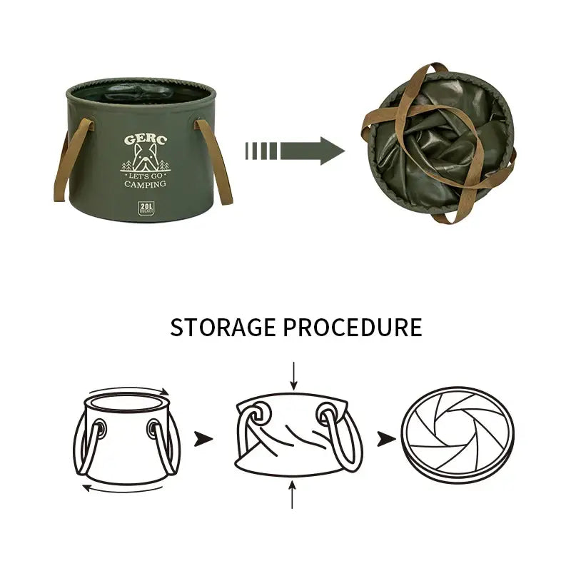 Collapsible camping bucket or water container with storage instructions.