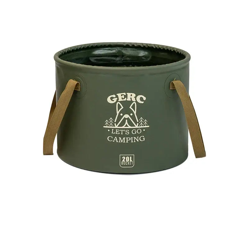 Collapsible green camping bucket with ’GERC LET’S GO CAMPING’ logo and handles.