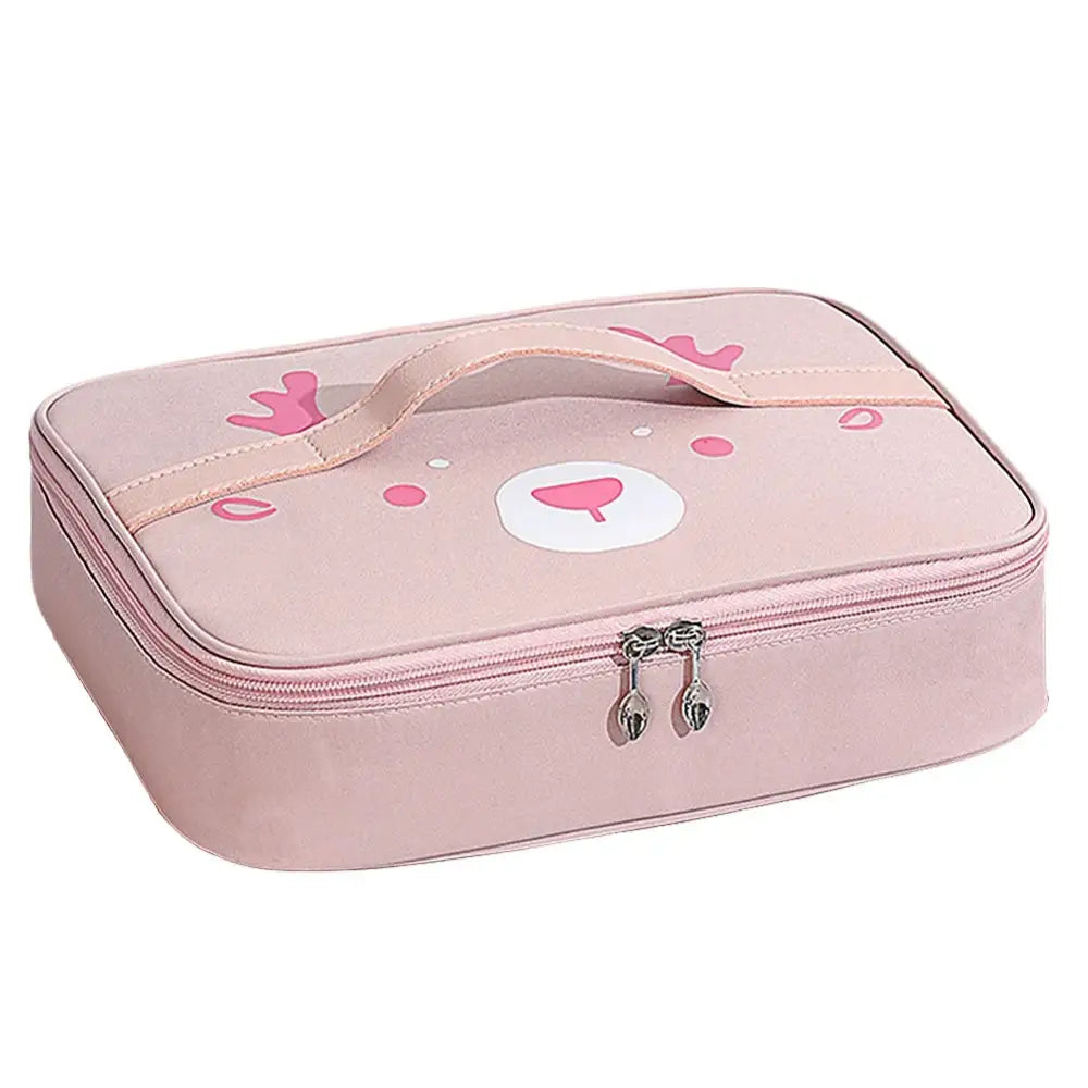 Pink children’s lunchbox or cosmetic case with a cute bear face design.