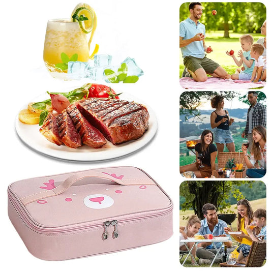 Collage of picnic-related images including food, drinks, and outdoor scenes with people.