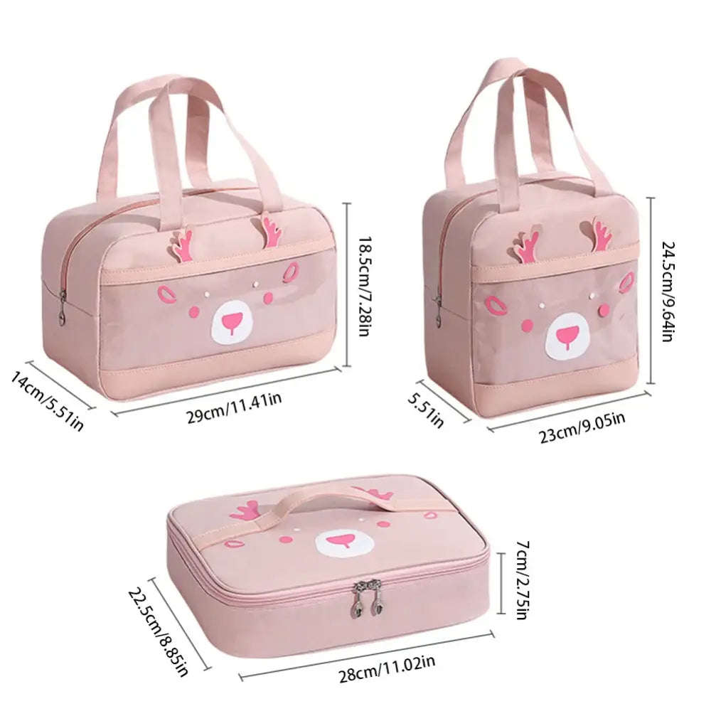 Pink insulated lunch bags with cute animal face designs and handles.