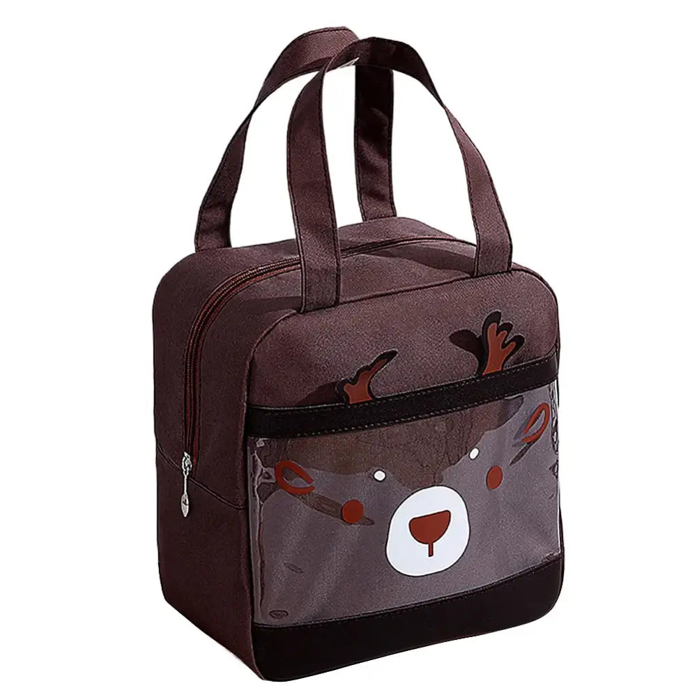 Insulated lunch bag with a cute bear face design on the front pocket.