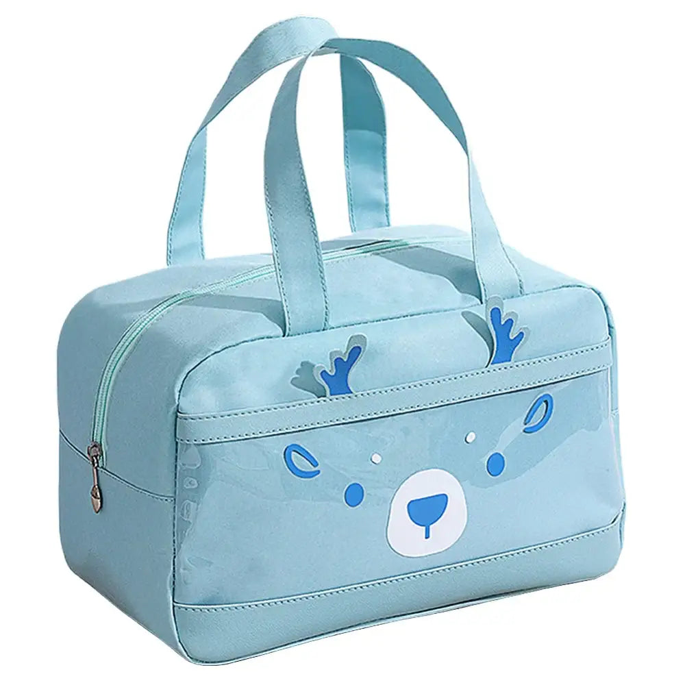 Light blue children’s bag with a cute bear face design on the front.