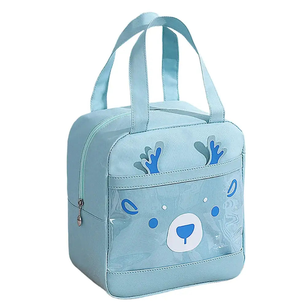 Light blue children’s lunch bag with a cute bear face design.