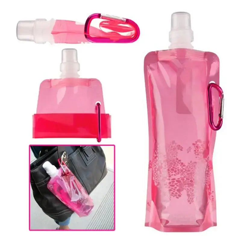 Collapsible pink water bottle with a butterfly design and carabiner clip.