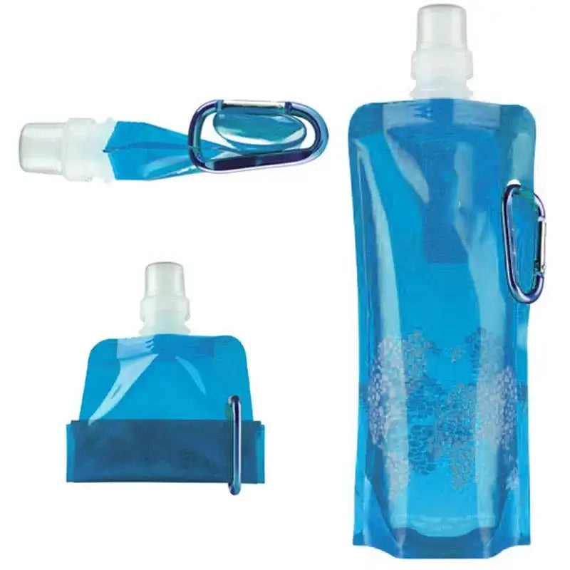 Collapsible blue water bottle with a carabiner clip attached.