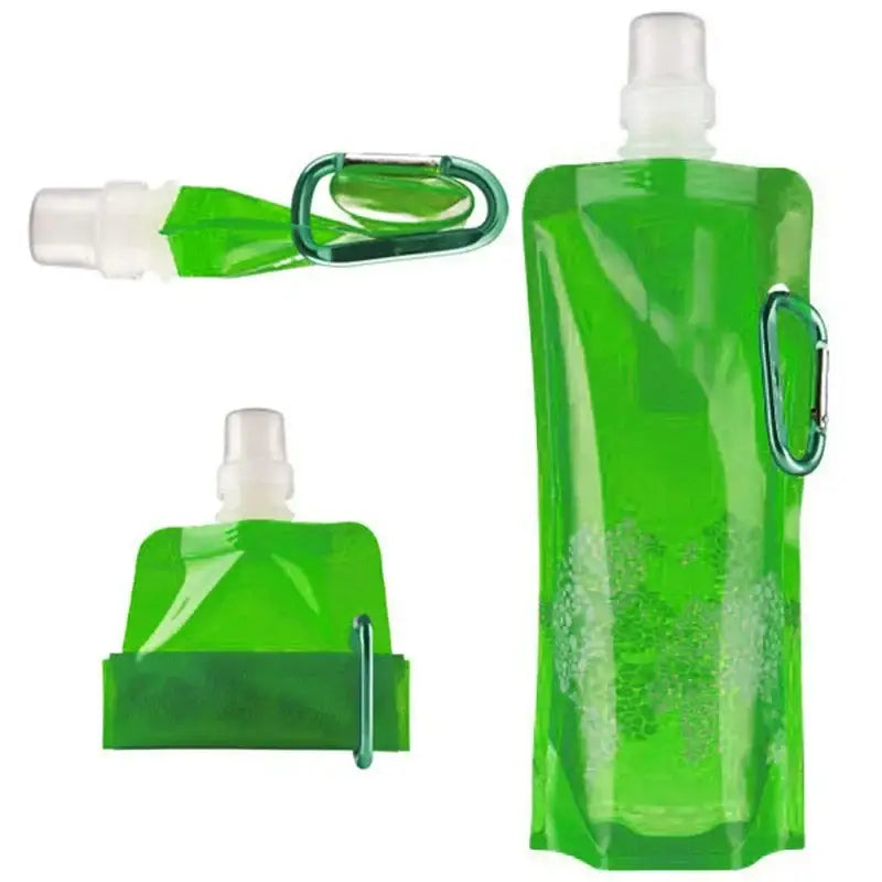 Collapsible bright green water bottle with a carabiner clip attached.