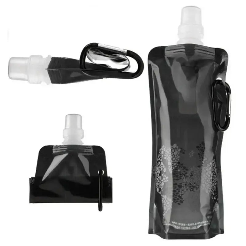 Collapsible water bottle with carabiner clip and additional spout attachments.