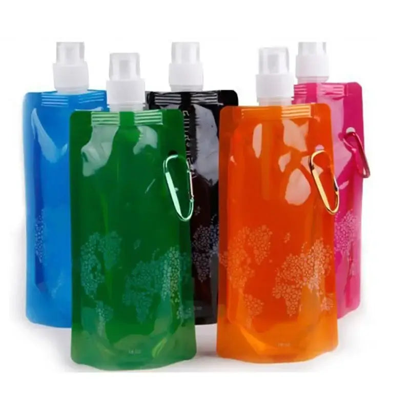 Colorful collapsible water bottles with white caps and carabiners.