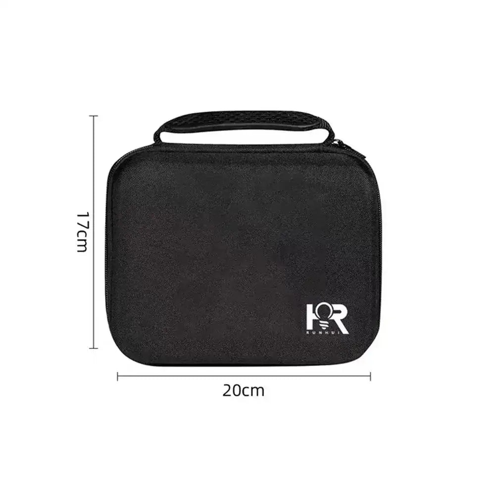 Black square-shaped carrying case with a handle and ’IQR’ logo.