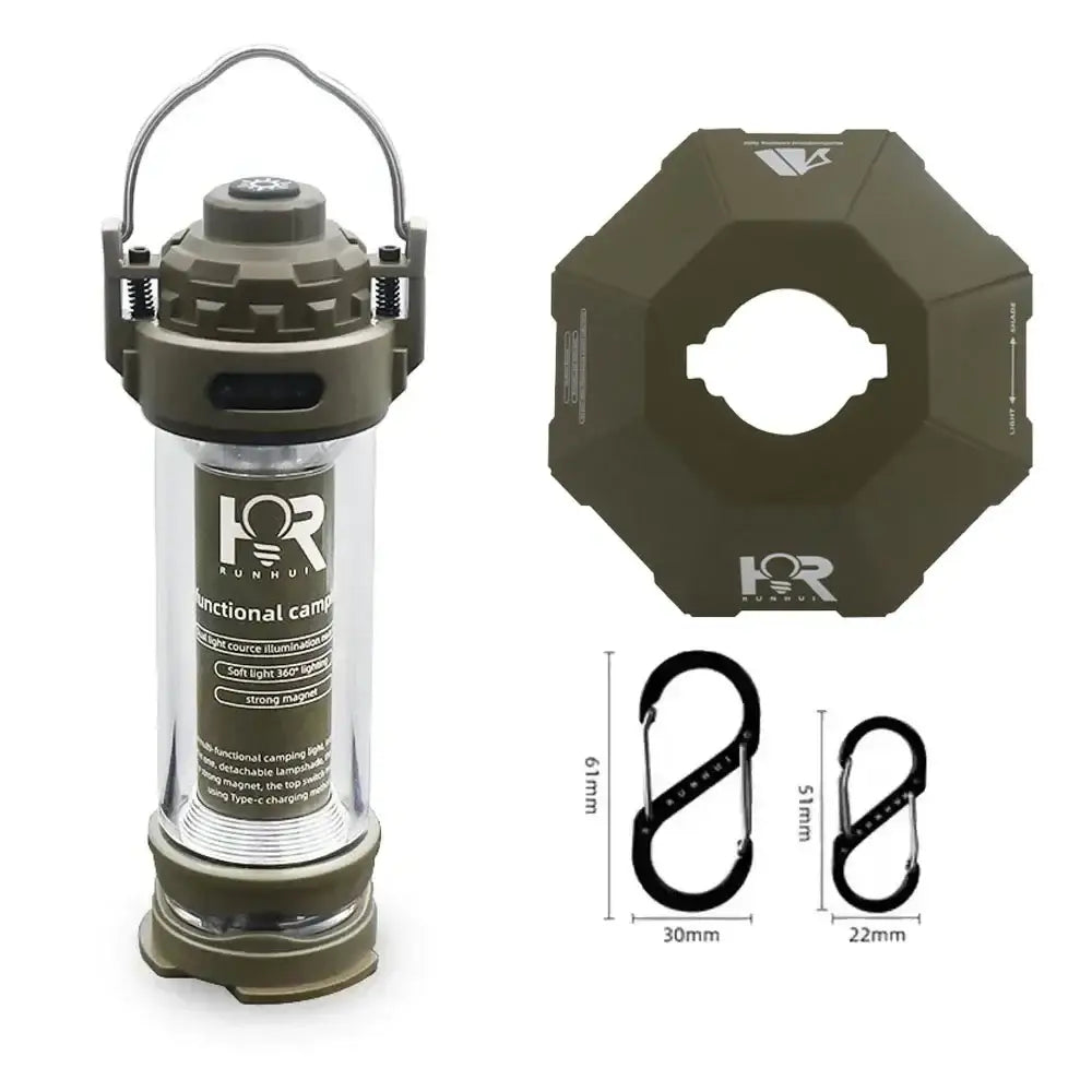 Cylindrical military-style lantern or flashlight with a handle and additional accessories.