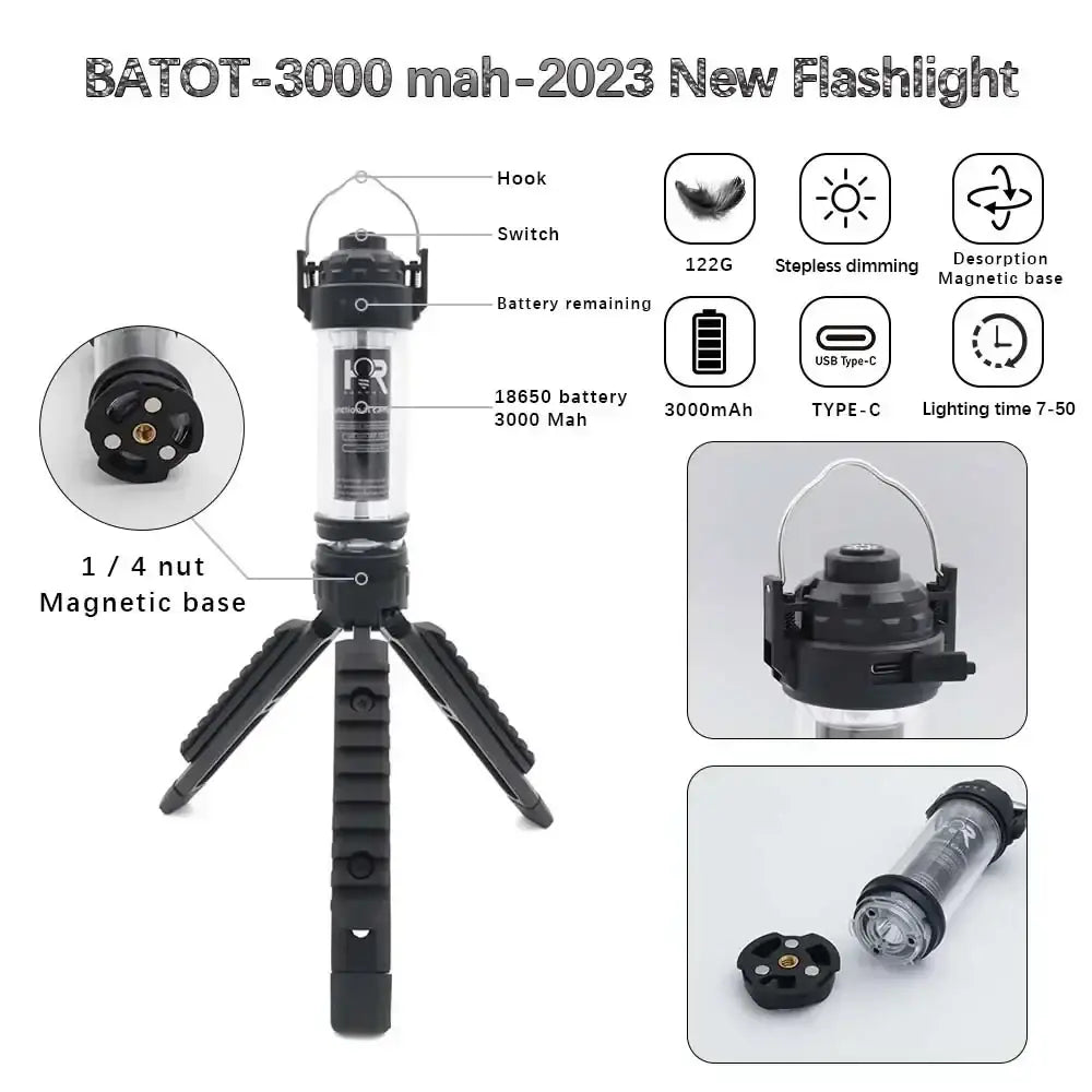 Flashlight with detachable magnetic base and tripod stand.