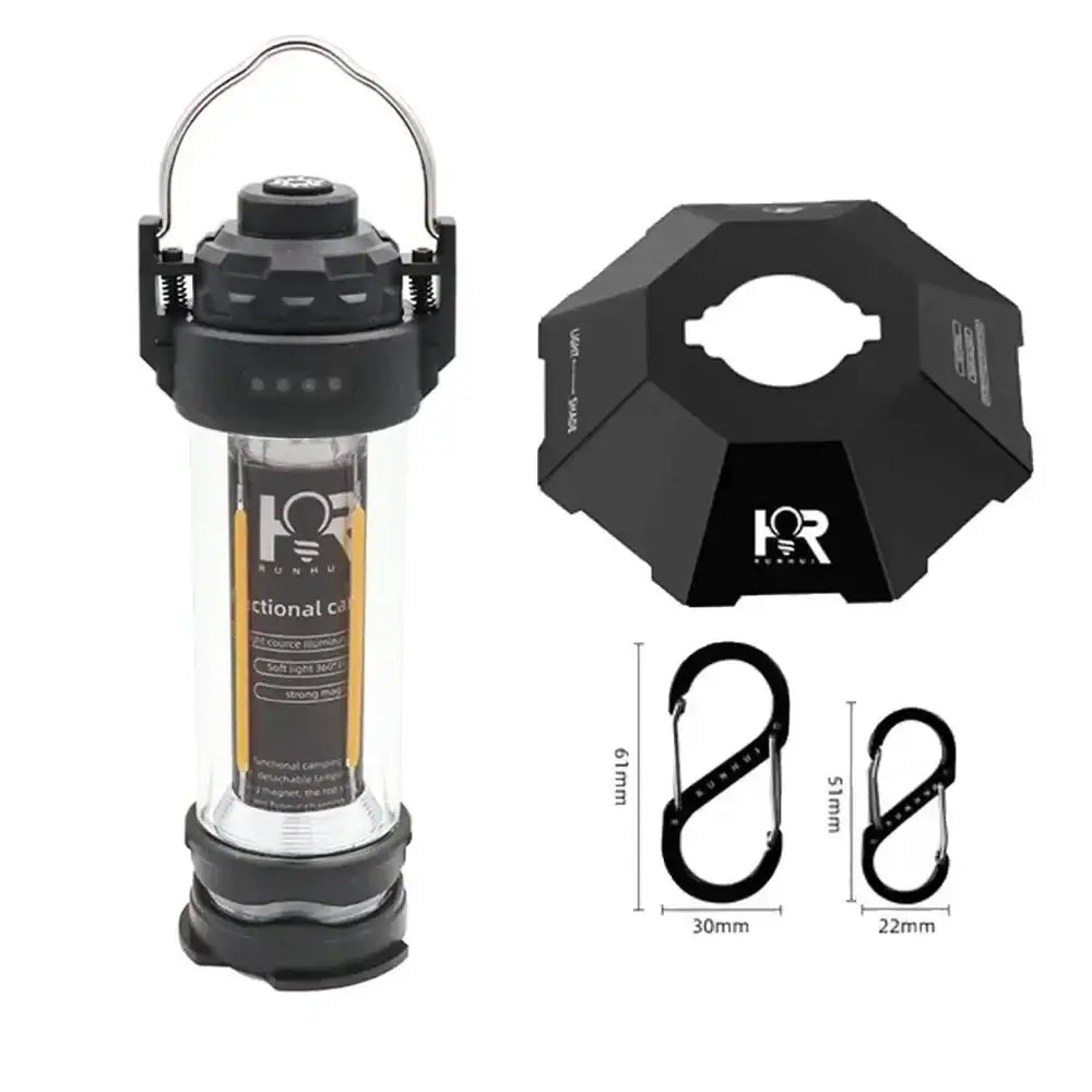 Portable LED camping lantern with attachable accessories.