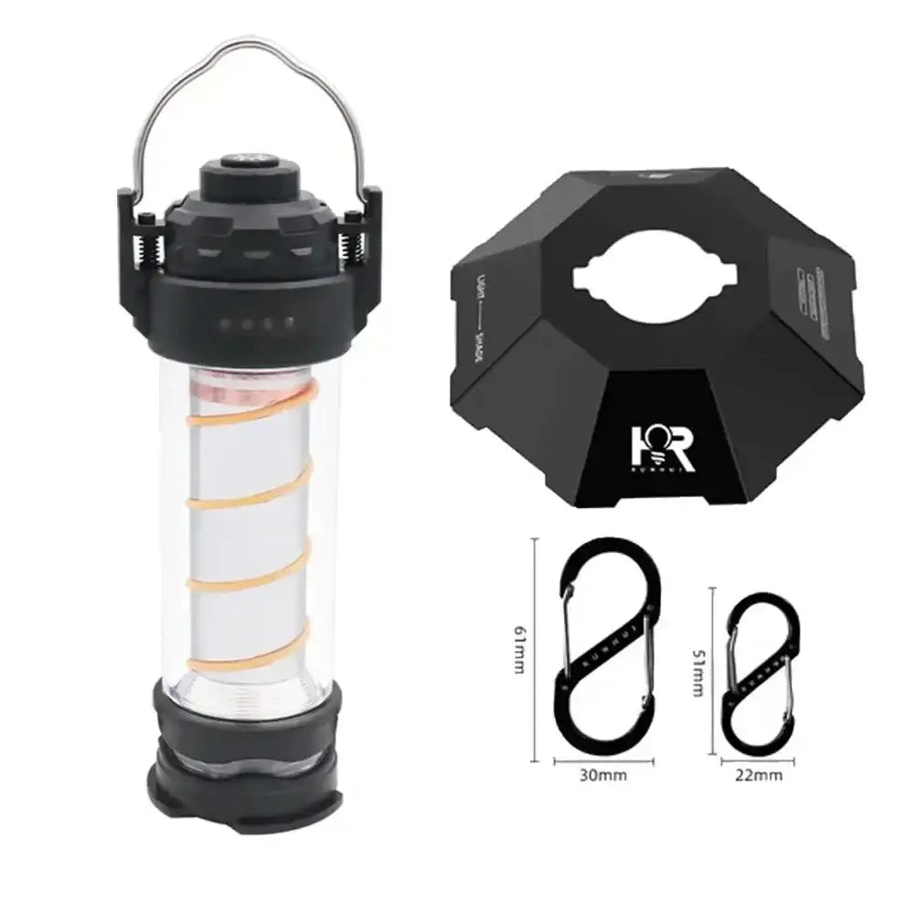 Portable LED camping lantern with attachable accessories.