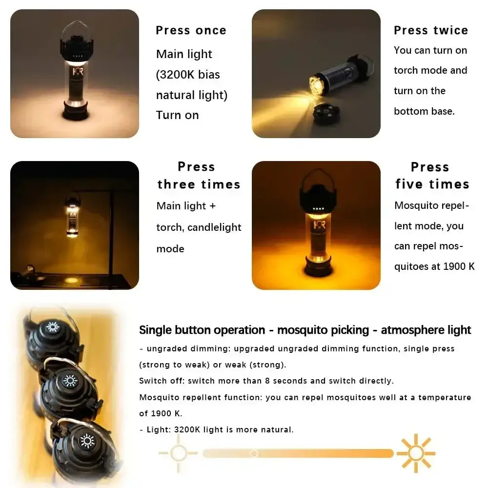 Multifunctional camping lantern with various lighting modes and mosquito repellent feature.