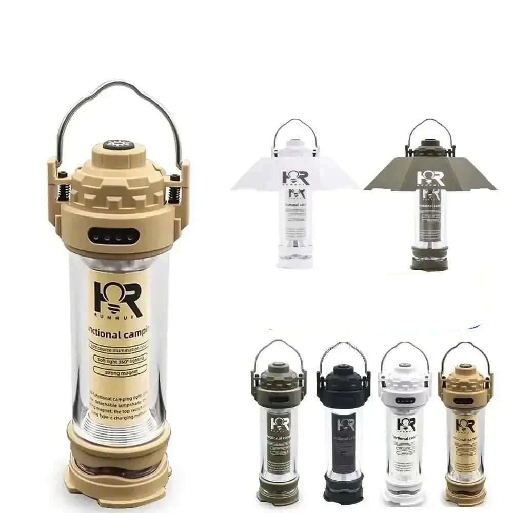 Portable camping lantern with multiple color and style variations shown.