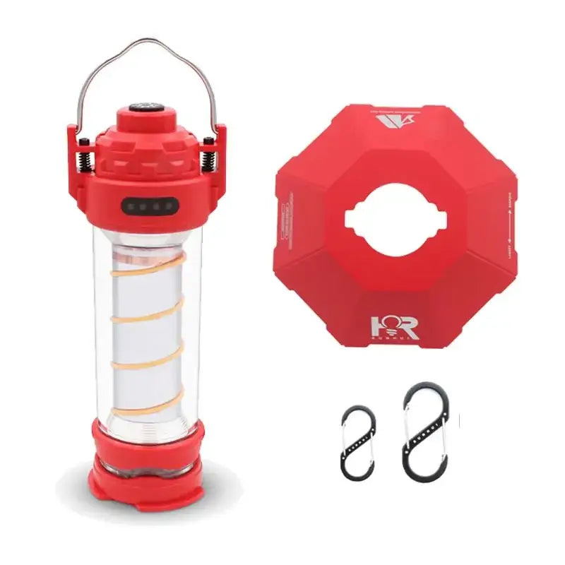 Red camping lantern with a cylindrical light tube and metal handle.