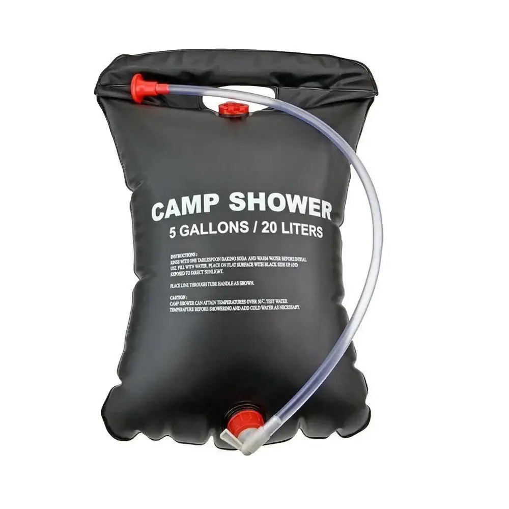 Portable camp shower bag with a capacity of 5 gallons or 20 liters.