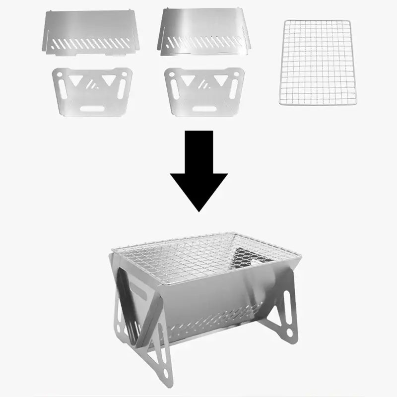 Portable folding grill or barbecue being assembled.