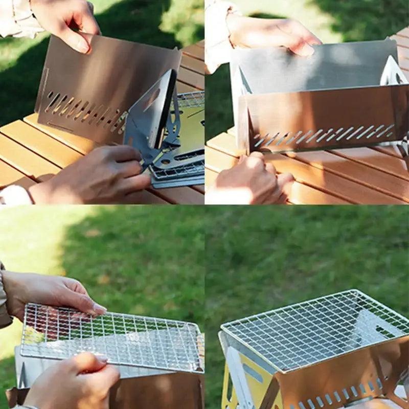 Portable folding grill or barbecue being assembled.