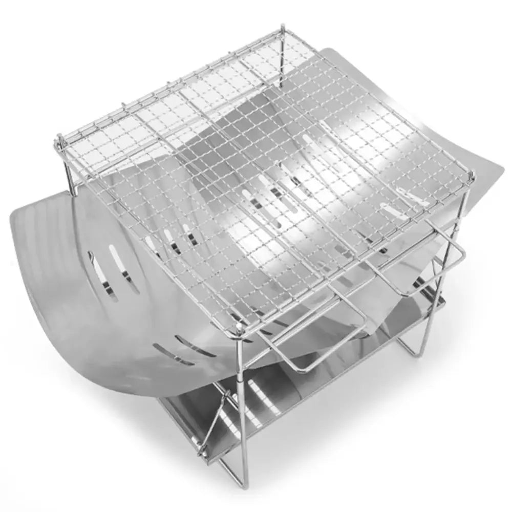 Portable folding metal grill or barbecue with a grate and windshield.