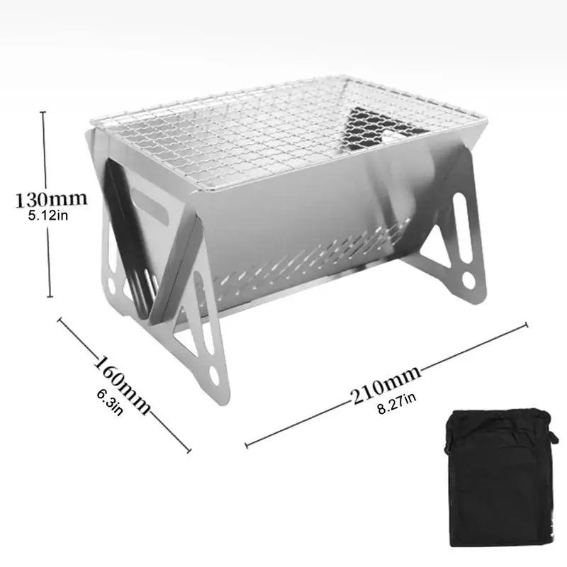 Portable folding metal grill with a mesh cooking surface and triangular support legs.