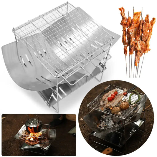 Portable folding stainless steel barbecue grill for outdoor cooking.