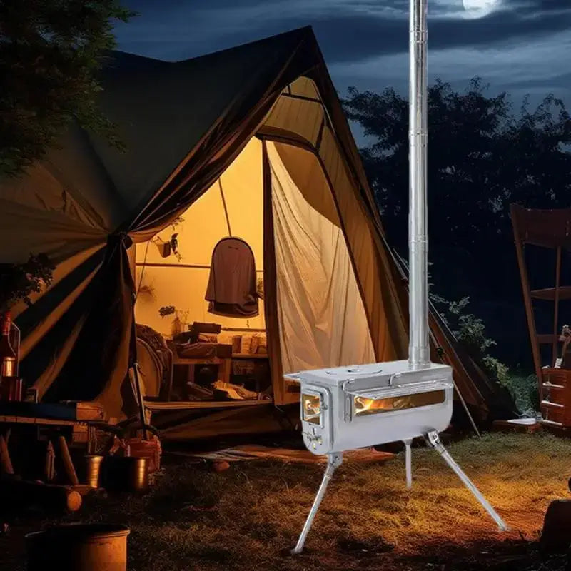 Illuminated canvas tent with a cozy interior visible through the open flap.