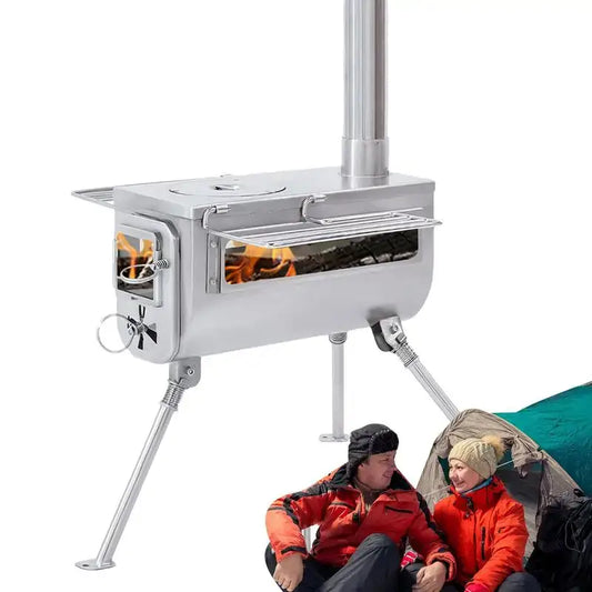 Portable camping stove with legs and a chimney pipe.