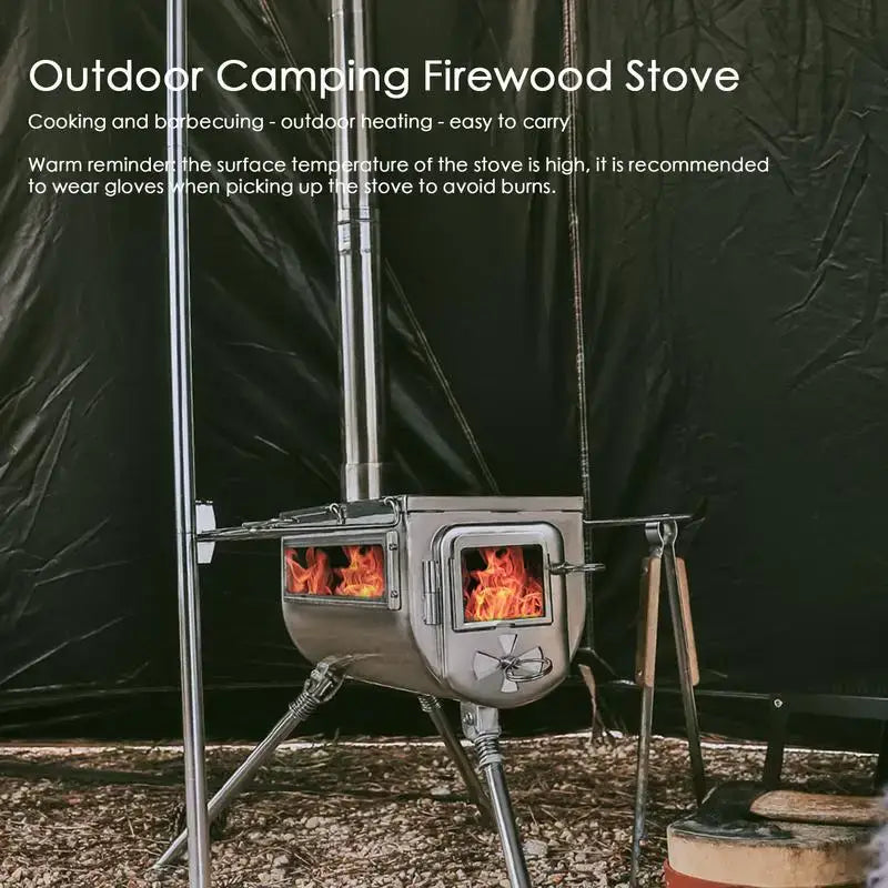 Portable outdoor camping stove with visible fire inside and chimney pipes attached.