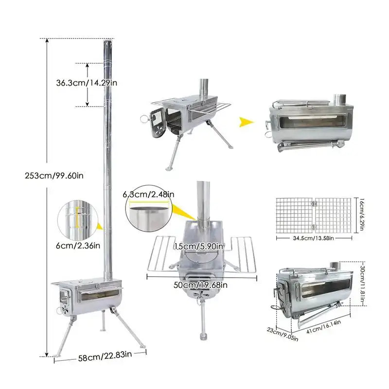 Portable outdoor wood-burning stove with folding legs and chimney pipe.