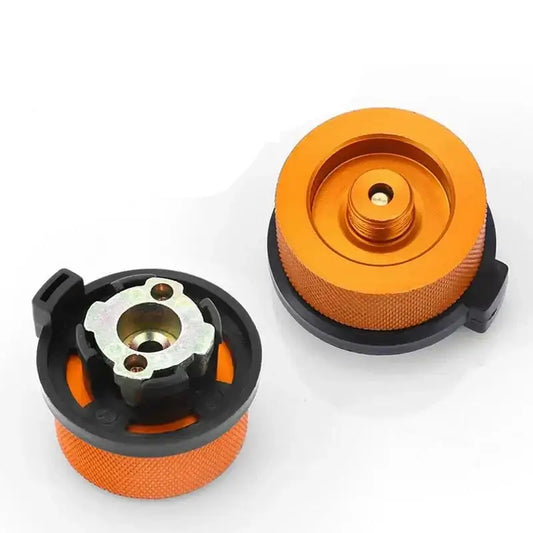 Gas stove adapters or connectors for camping equipment, featuring orange and black components.