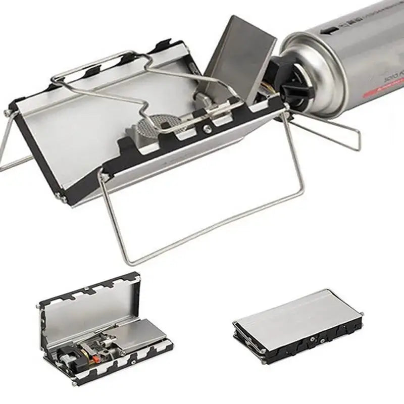 Portable camping stove with folding windshields and attached fuel canister.