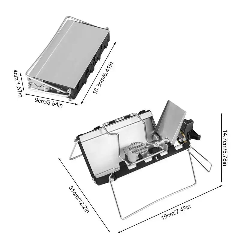 Portable folding camping stove with windshield panels.