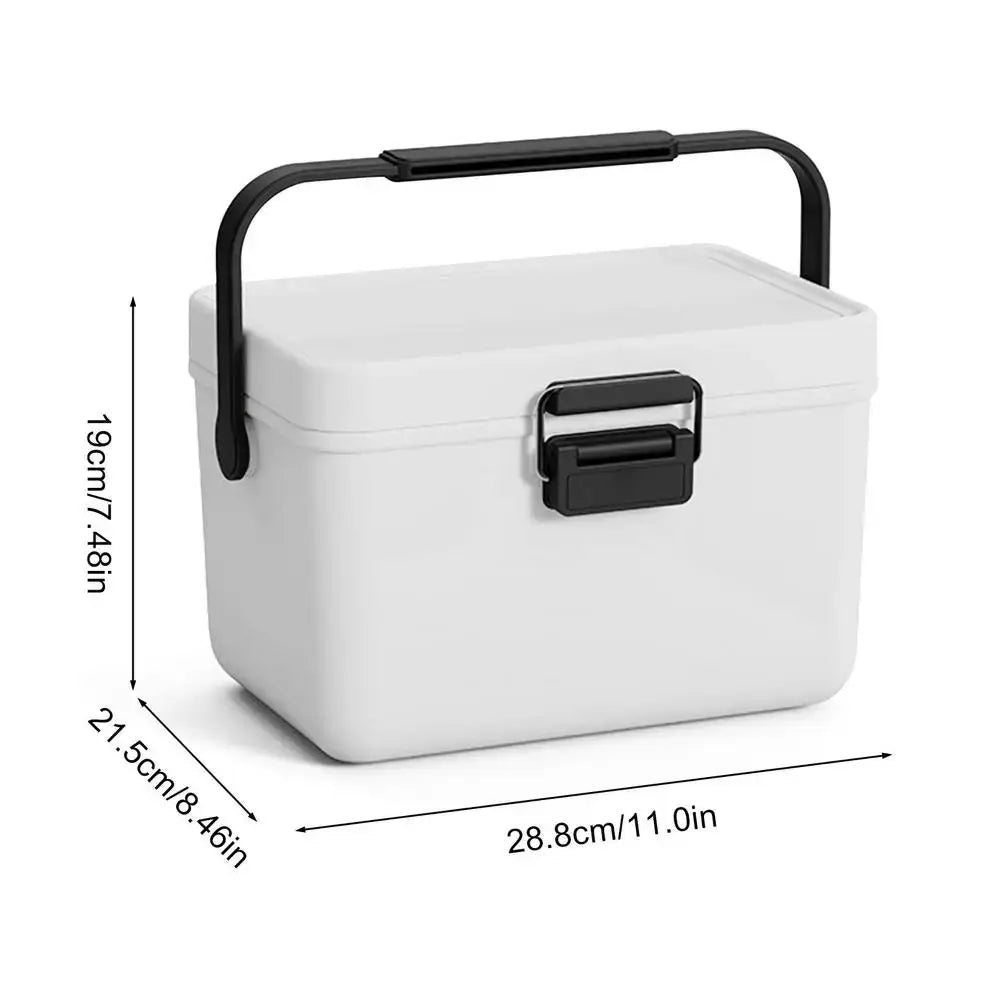 White portable cooler box with a black handle and latch.