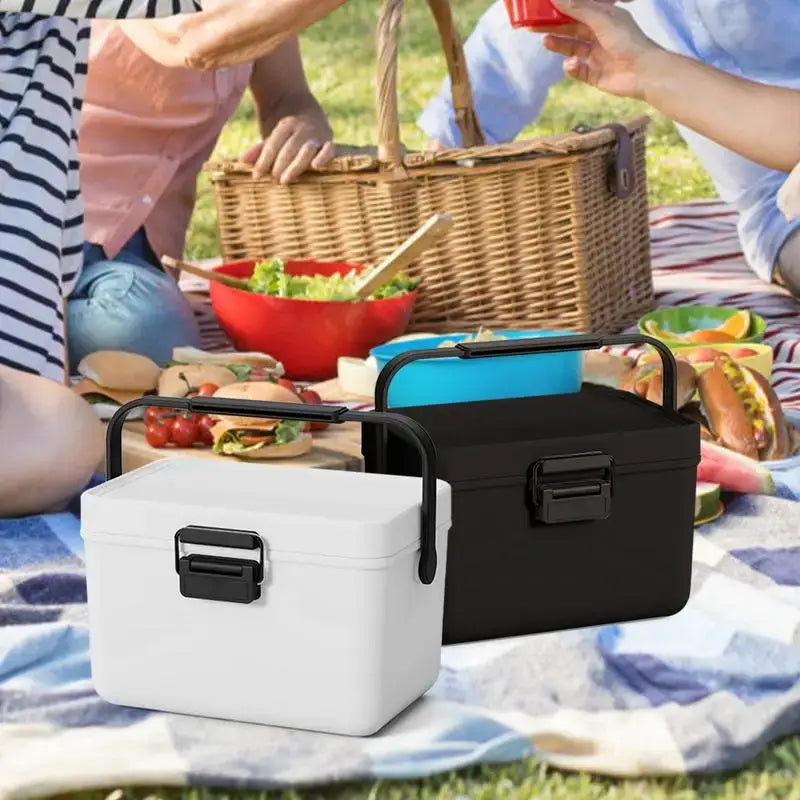 Portable cooler box available in white and black colors.