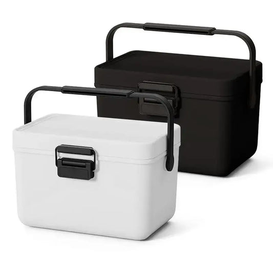 Two portable coolers, one black and one white, with handles and latches.