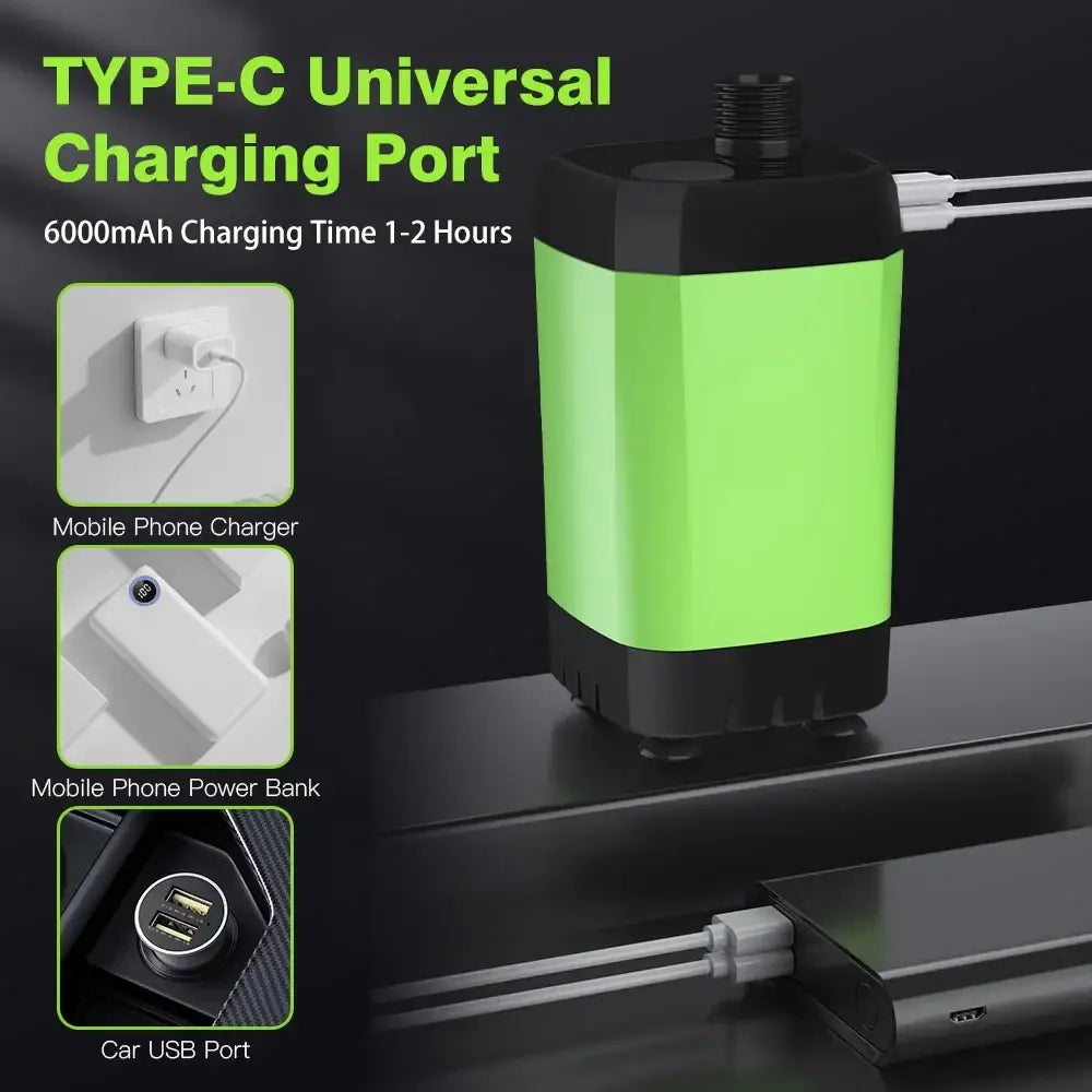 Bright green and black portable battery pack with a Type-C charging port.