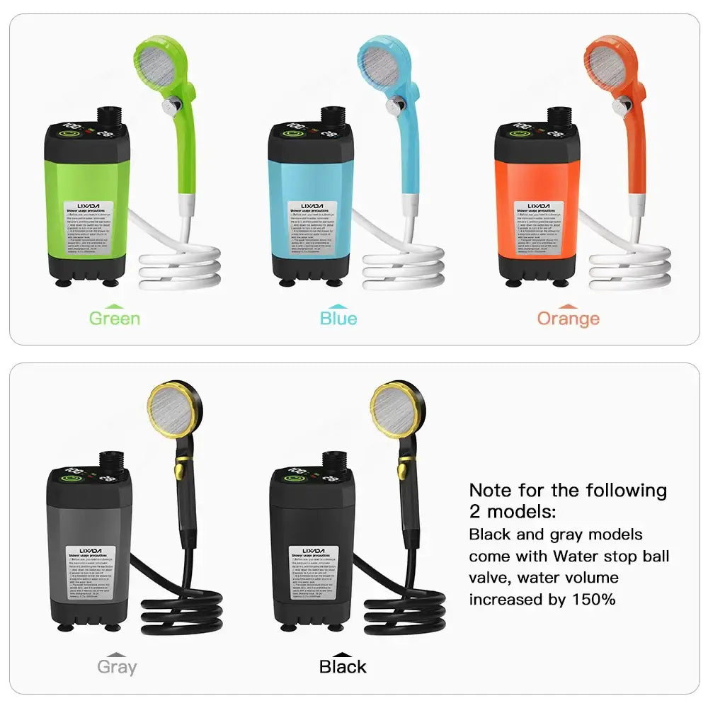 Portable electric shower devices in various colors with handheld showerheads and water tanks.