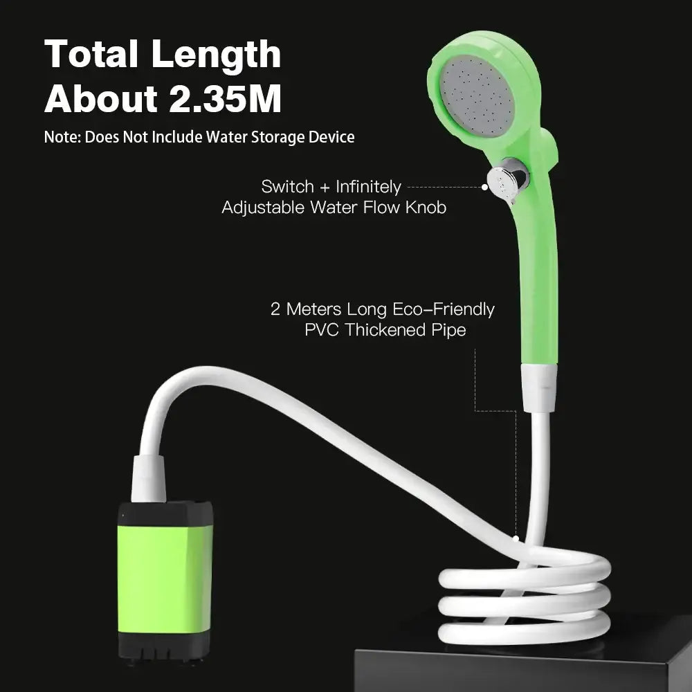 Flexible shower head with a long, coiled hose and adjustable water flow knob.