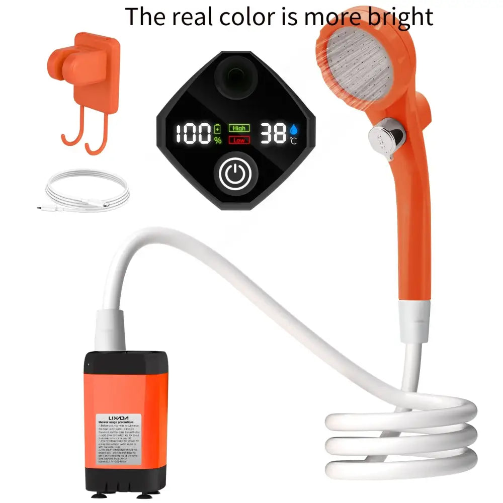 Portable electric shower head with digital temperature display and rechargeable battery pack.