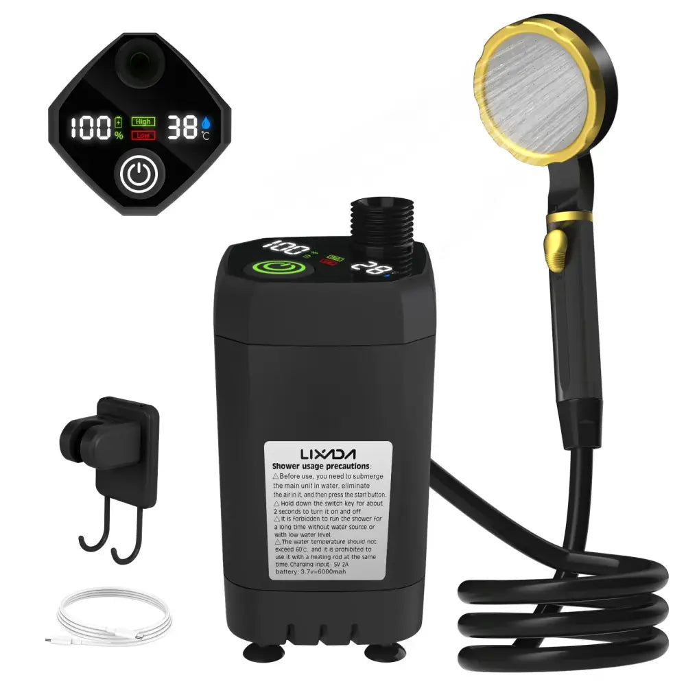 Portable electric water heater with digital display and handheld showerhead attachment.