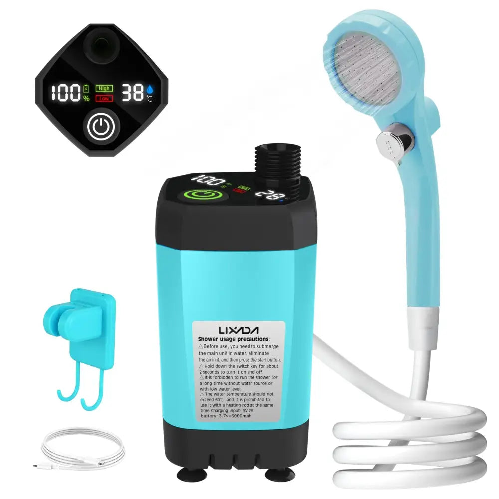 Portable electric water heater with digital display and handheld showerhead attachment.