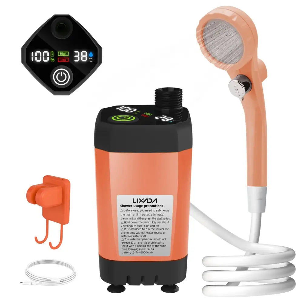 Portable electric water heater with digital display and handheld showerhead attachment.