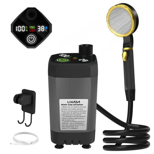 Portable electric water heater with digital display and handheld showerhead attachment.