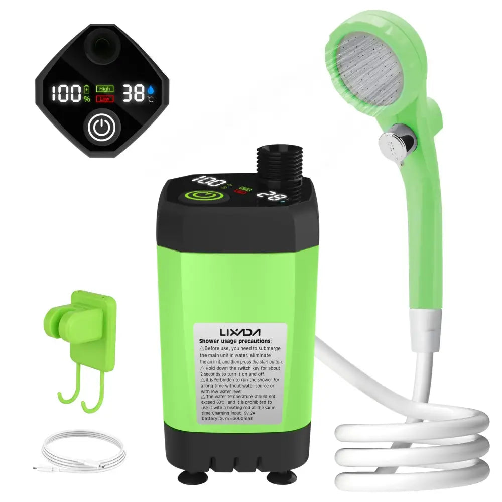 Portable electric water heater with digital display and handheld showerhead attachment.