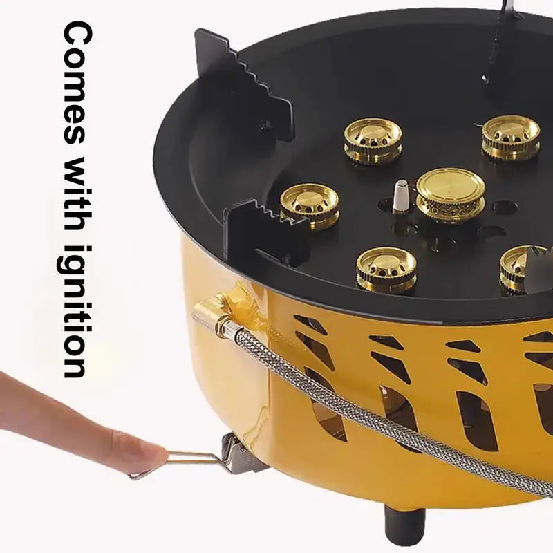 Portable camping stove with multiple burners and a yellow base.