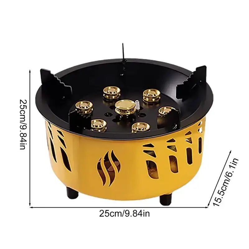 Circular yellow and black mosquito coil holder with decorative cutouts.