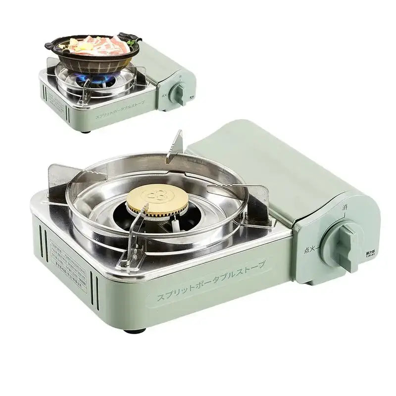 Portable gas stove with two burners in a light green color.